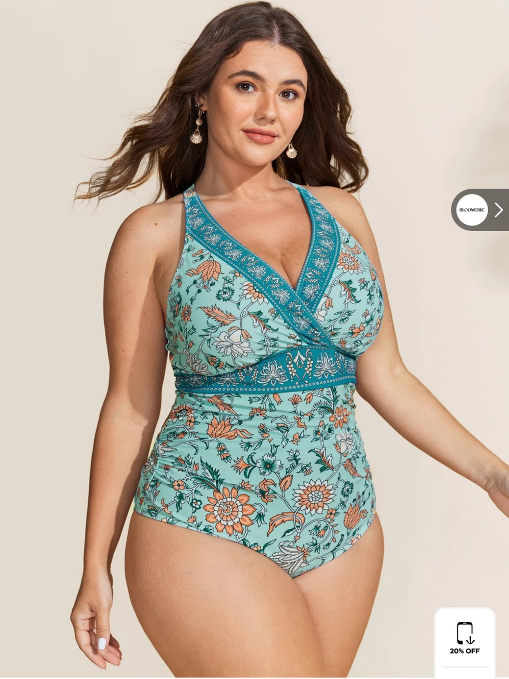 NWT BLOOMCHIC Plus Size Teal Floral One-Piece Swimsuit - V-Neck Halter 14/16